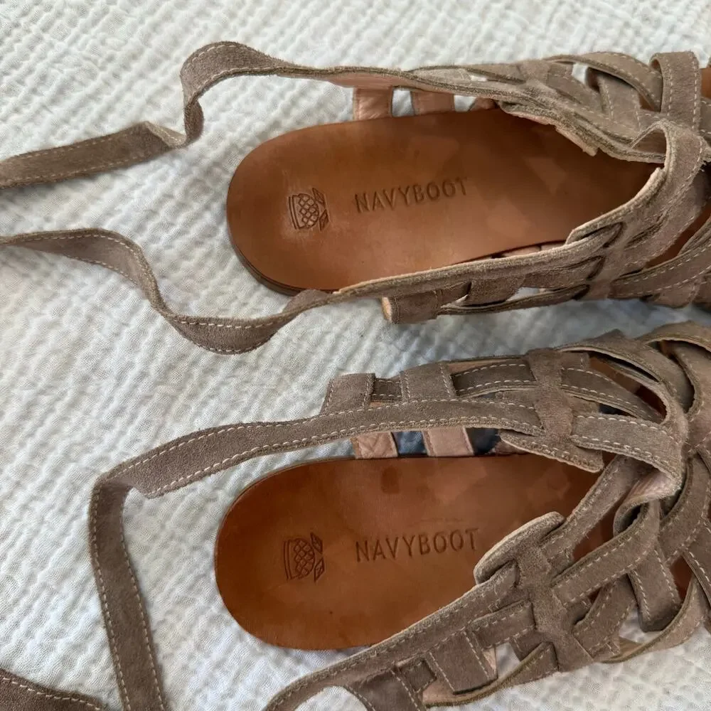 Navyboot Sandals Size 39 Tan Suede Leather Basket Weave Gladiator Ankle Tie